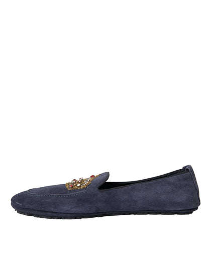 Dolce &amp;amp; Gabbana Blå Lädermocka Kristallkrona Loafers Skor