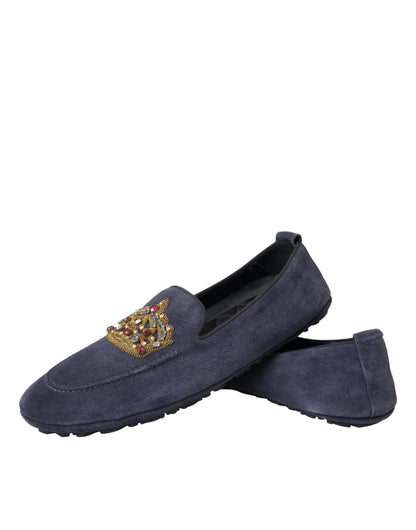 Dolce &amp;amp; Gabbana Blå Lädermocka Kristallkrona Loafers Skor