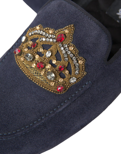 Dolce &amp;amp; Gabbana Blå Lädermocka Kristallkrona Loafers Skor