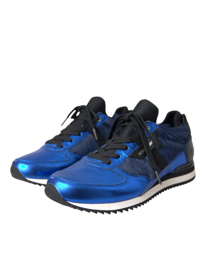 Dolce &amp; Gabbana Blue Black Calf Hair Leather Sneakers Shoes