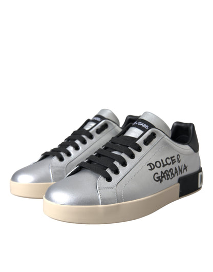 Dolce &amp; Gabbana Silver Portofino Calf Leather Sneakers Men Shoes