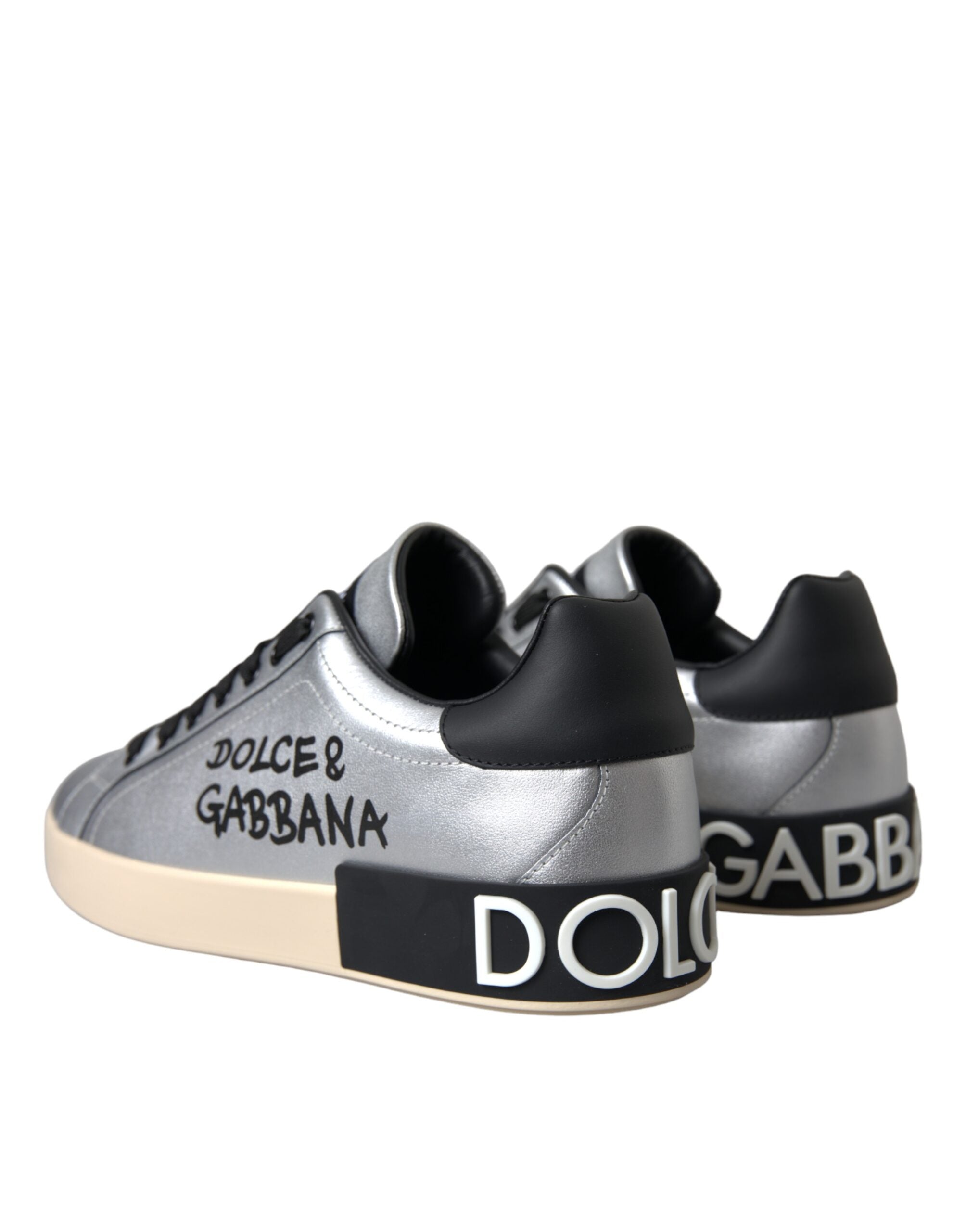 Dolce &amp; Gabbana Silver Portofino Calf Leather Sneakers Men Shoes