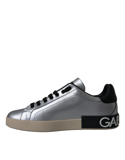 Dolce &amp; Gabbana Silver Portofino Calf Leather Sneakers Men Shoes