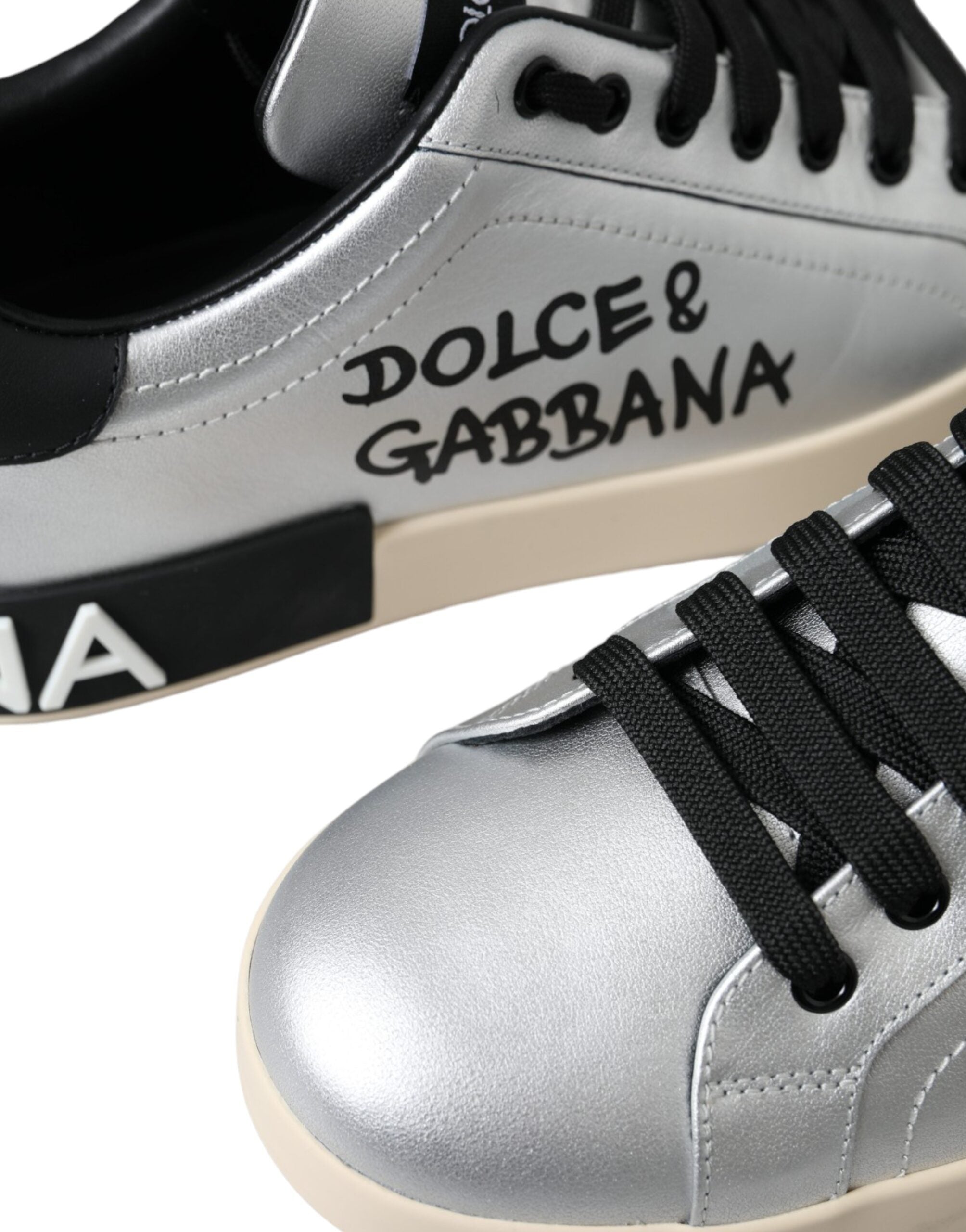 Dolce &amp; Gabbana Silver Portofino Calf Leather Sneakers Men Shoes