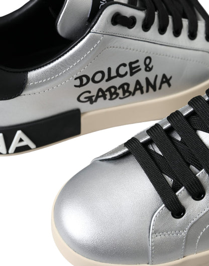 Dolce &amp; Gabbana Silver Portofino Calf Leather Sneakers Men Shoes