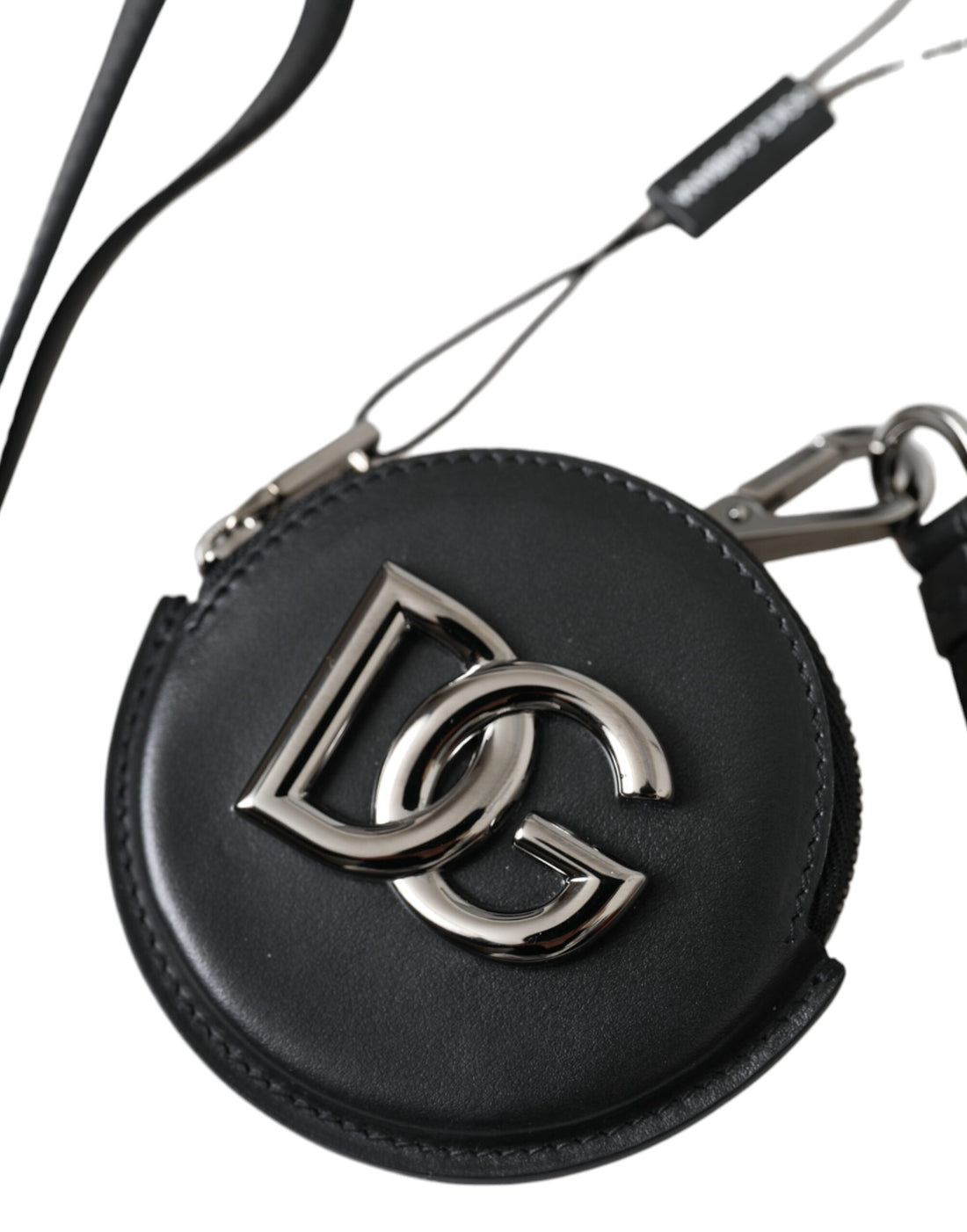 Dolce &amp;amp; Gabbana Svart Rund Läder Myntväska DG Logotyp Snodd Plånbok