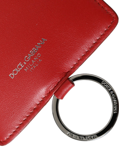 Dolce &amp; Gabbana Red Calfskin Leather Lanyard Logo Card Holder Wallet