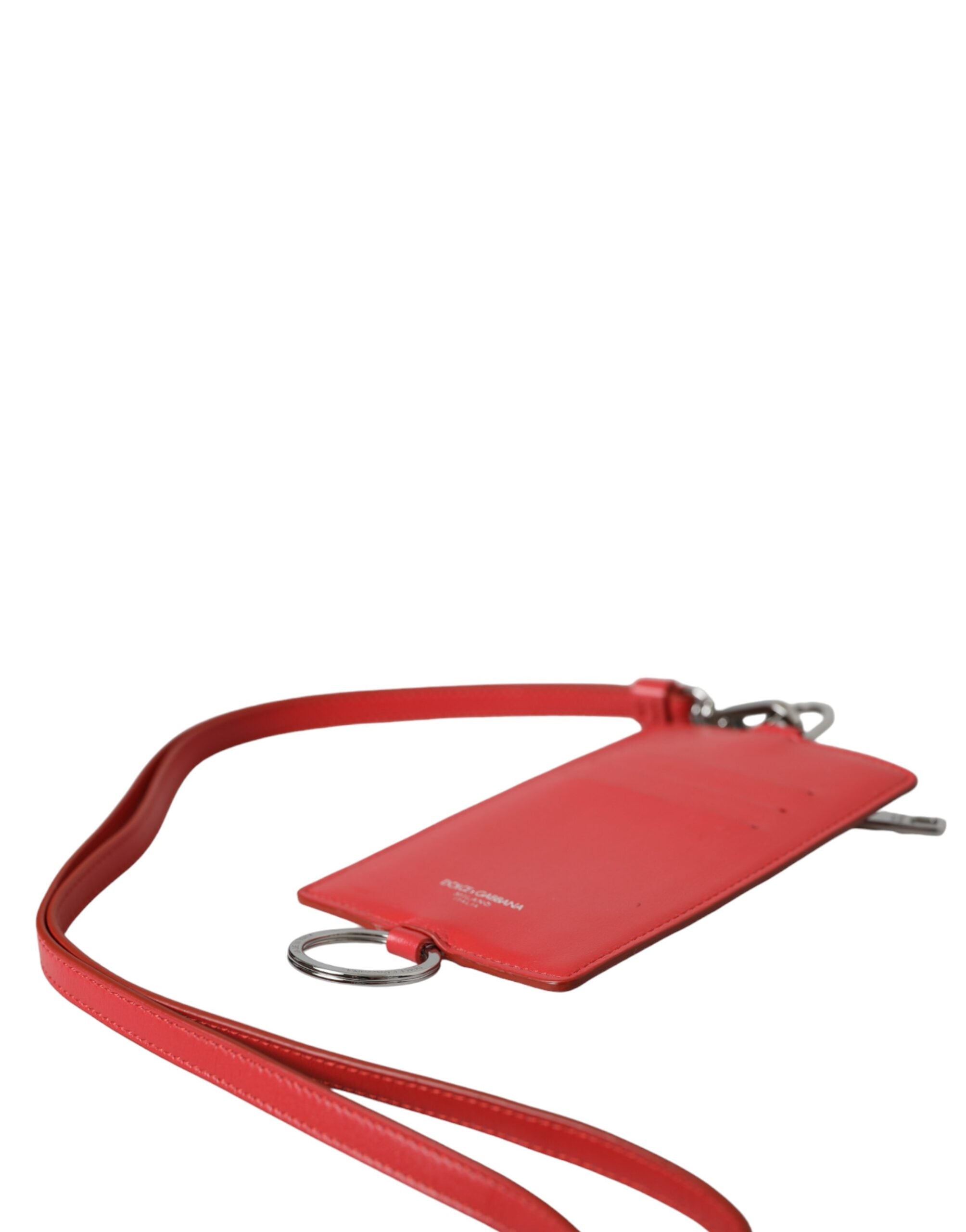 Dolce &amp; Gabbana Red Calfskin Leather Lanyard Logo Card Holder Wallet