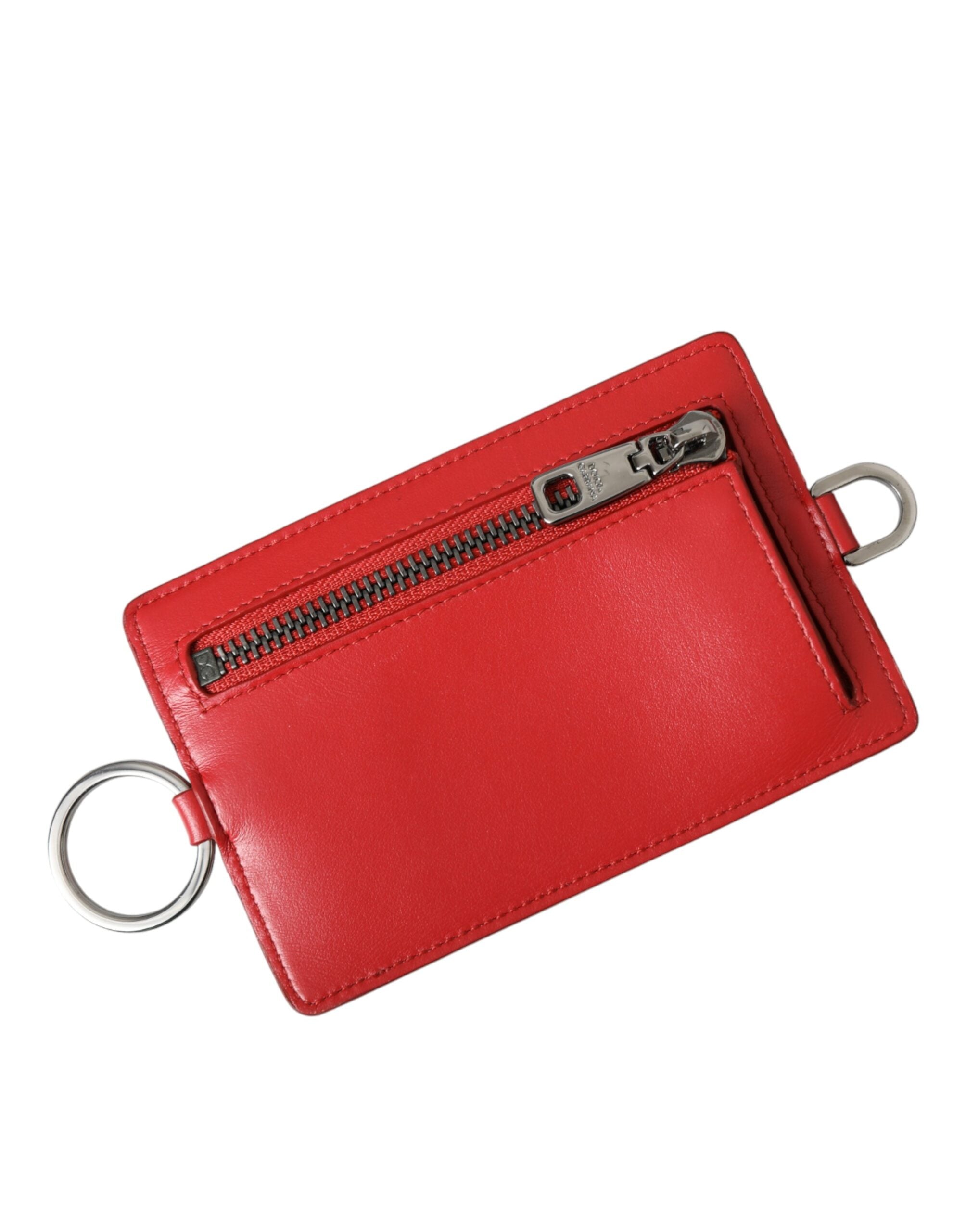 Dolce &amp; Gabbana Red Calfskin Leather Lanyard Logo Card Holder Wallet