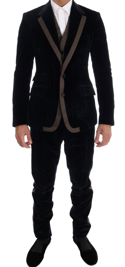 Dolce &amp; Gabbana Blue Velvet Two Button Slim 3 Piece Suit