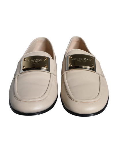 Dolce &amp;amp; Gabbana Beige Läder Logotypplack Slip-On Loafers Herrskor