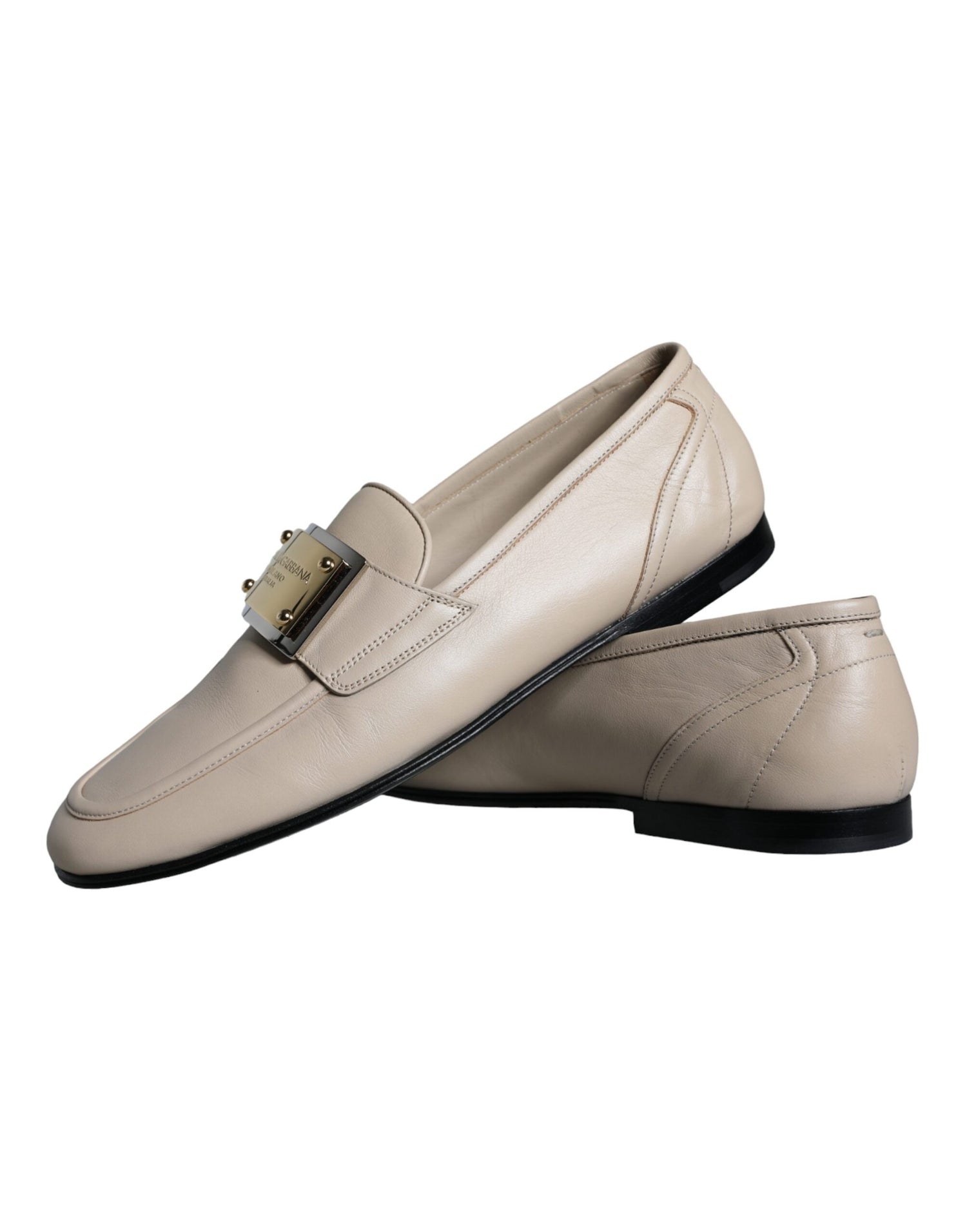 Dolce &amp;amp; Gabbana Beige Läder Logotypplack Slip-On Loafers Herrskor