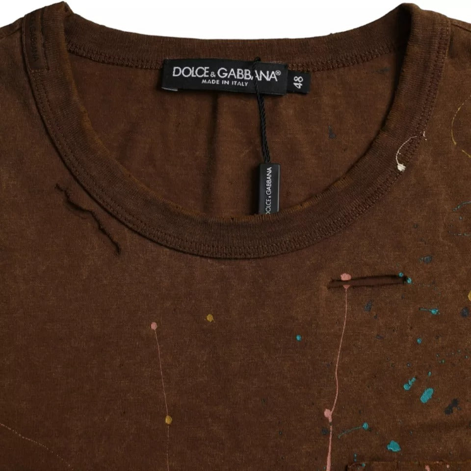 Dolce &amp; Gabbana Brown Color Splash Cotton Crew Neck T-shirt
