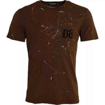 Dolce &amp; Gabbana Brown Color Splash Cotton Crew Neck T-shirt