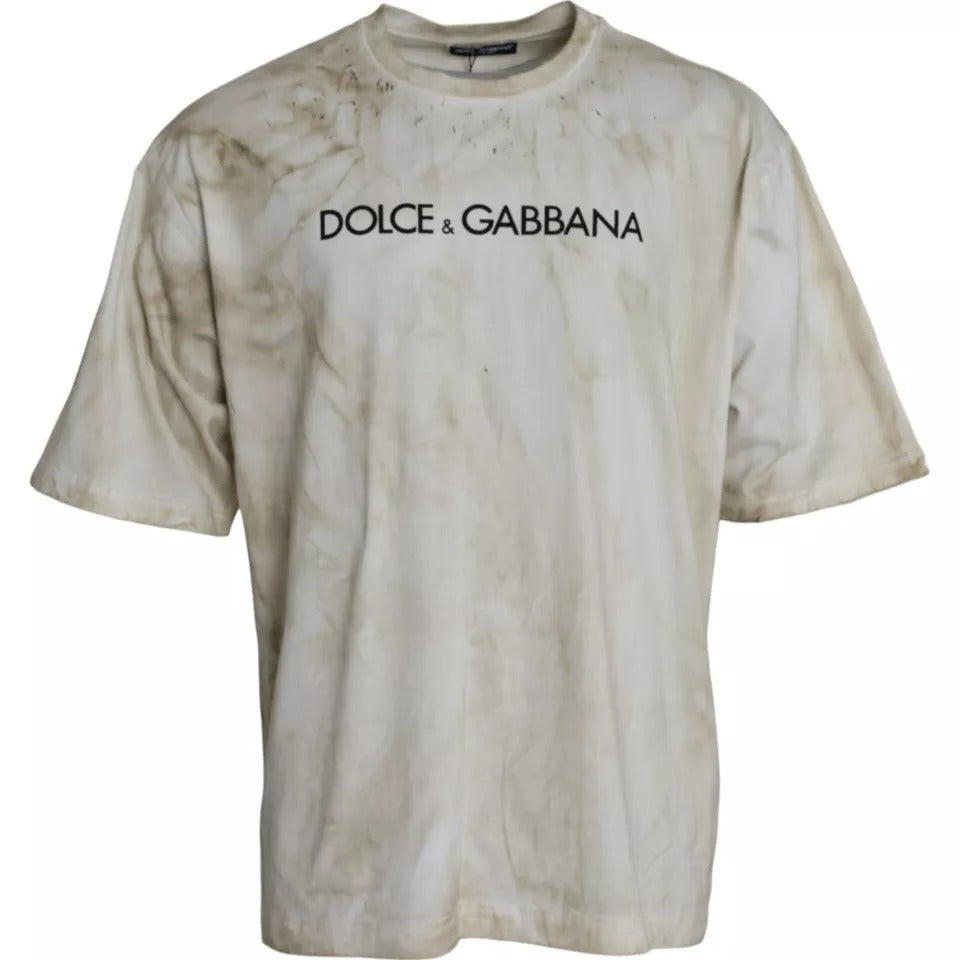 Dolce &amp;amp; Gabbana Off White Logo Bomulls-t-shirt med rund hals