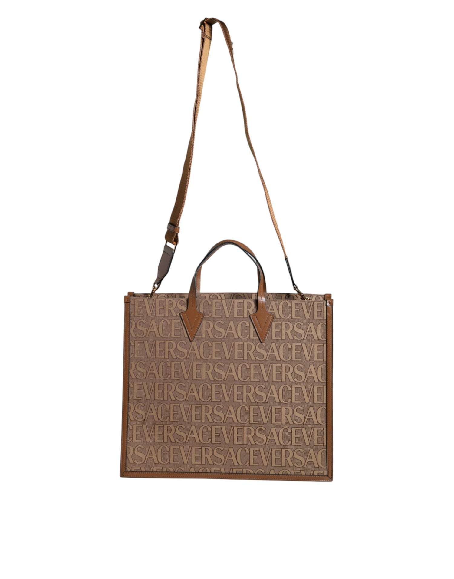 Versace brun axelväska i jacquardläder med logotyp och topphandtag