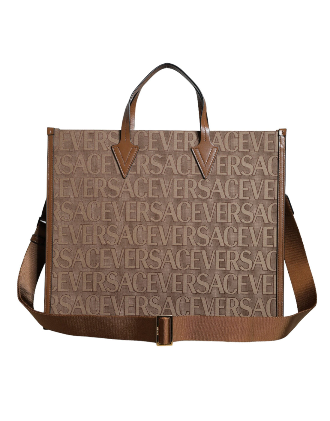Versace brun axelväska i jacquardläder med logotyp och topphandtag