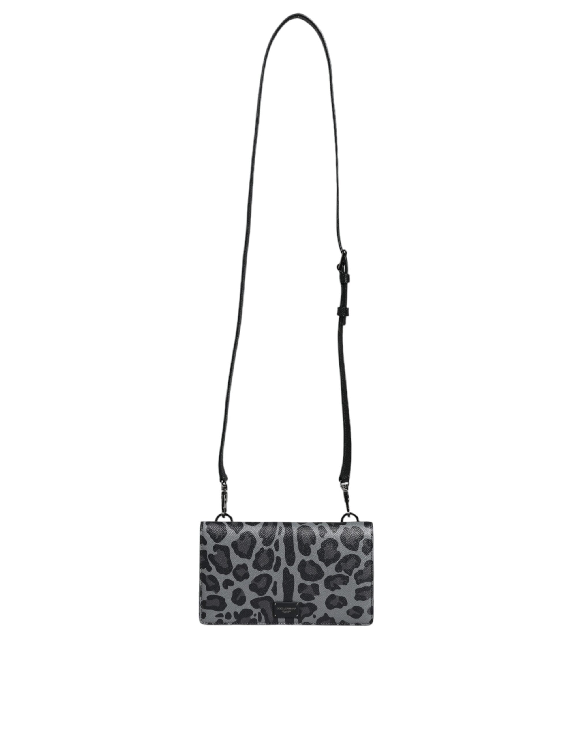 Dolce &amp;amp; Gabbana Svart Grå Leopard Läder Axelremsväska med Vikbart Korthållare