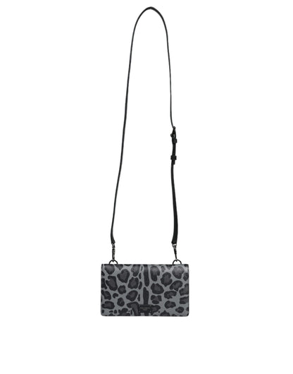 Dolce &amp;amp; Gabbana Svart Grå Leopard Läder Axelremsväska med Vikbart Korthållare