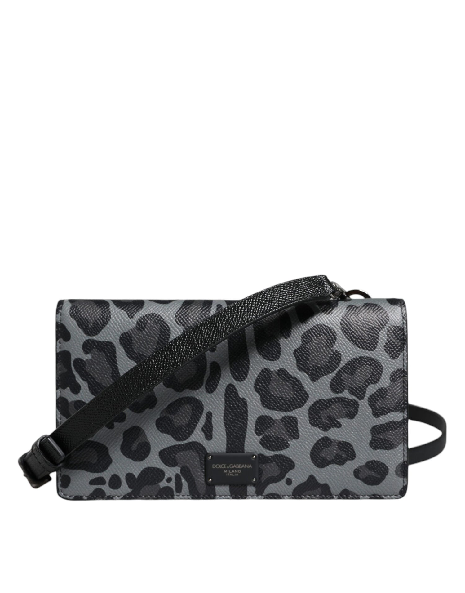 Dolce &amp;amp; Gabbana Svart Grå Leopard Läder Axelremsväska med Vikbart Korthållare