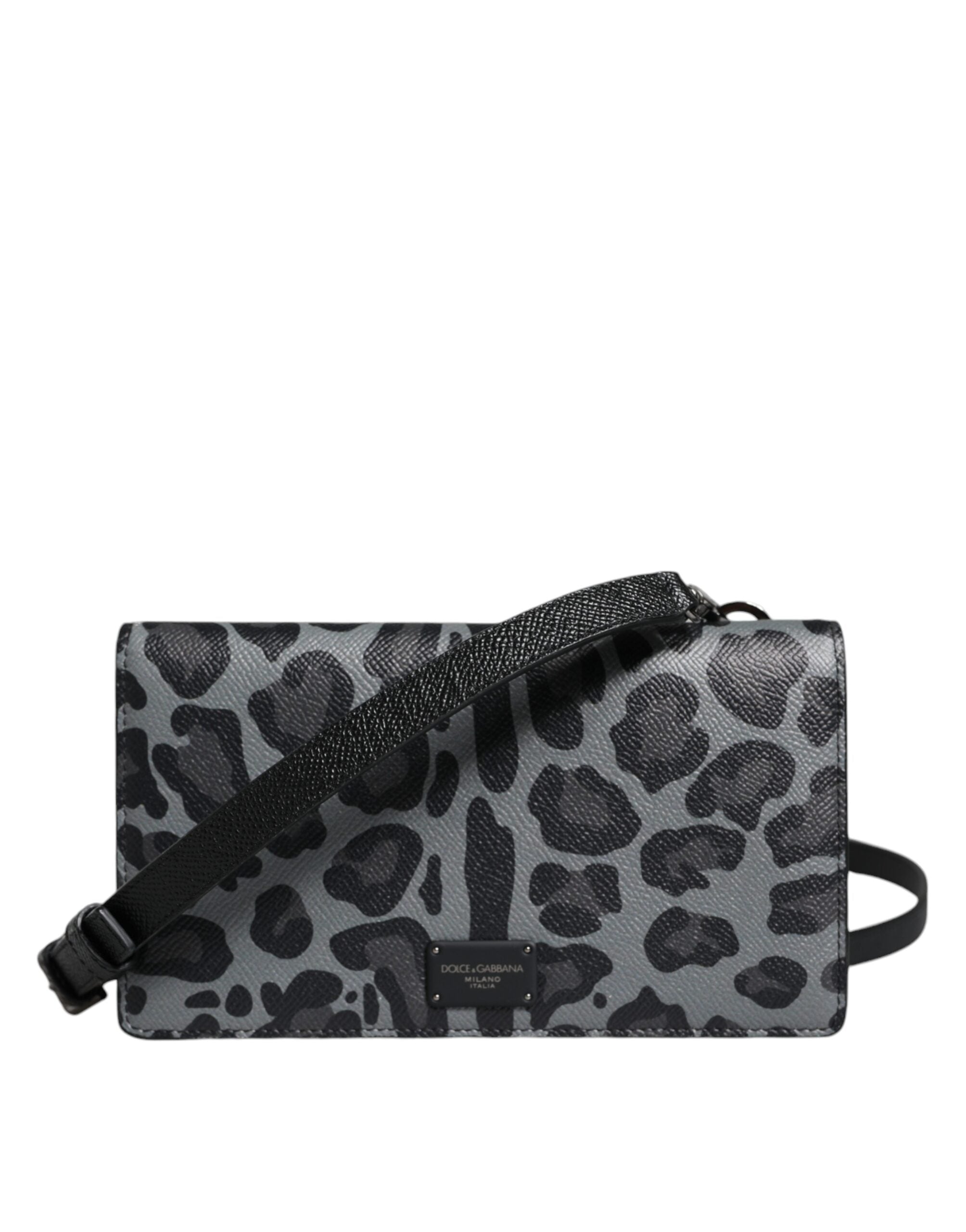 Dolce &amp;amp; Gabbana Svart Grå Leopard Läder Axelremsväska med Vikbart Korthållare