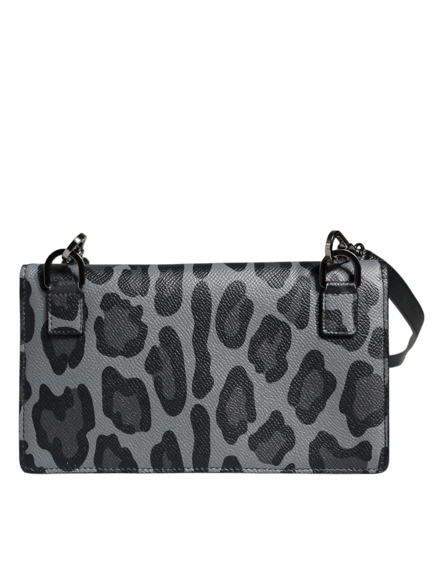 Dolce &amp;amp; Gabbana Svart Grå Leopard Läder Axelremsväska med Vikbart Korthållare