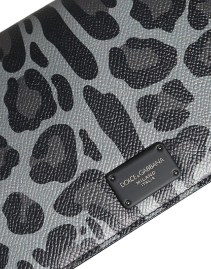 Dolce &amp;amp; Gabbana Svart Grå Leopard Läder Axelremsväska med Vikbart Korthållare
