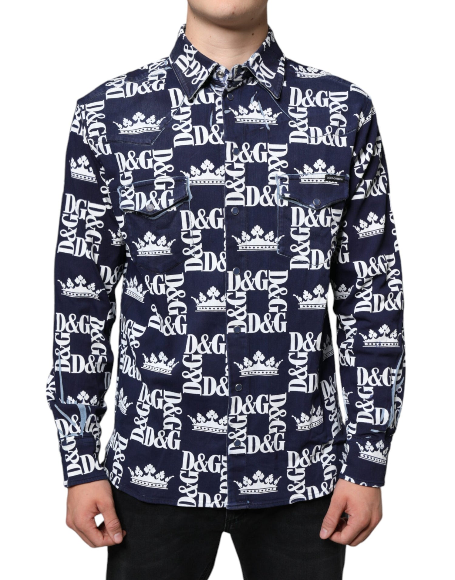 Dolce &amp;amp; Gabbana Blå Kronlogotyptryck Slim Fit Bomullsskjorta
