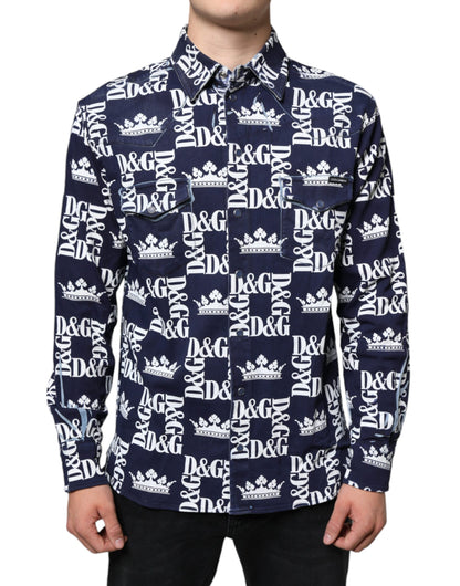 Dolce &amp;amp; Gabbana Blå Kronlogotyptryck Slim Fit Bomullsskjorta