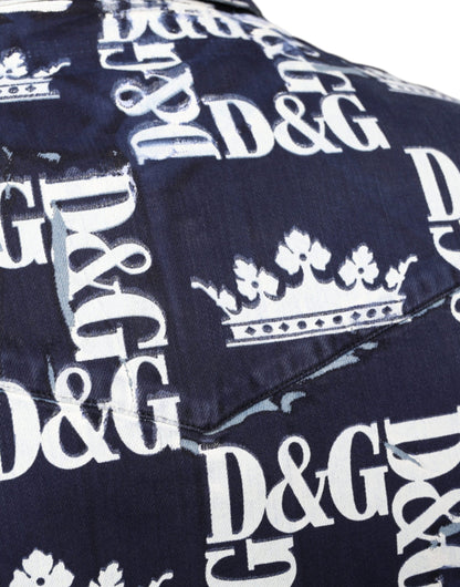 Dolce &amp;amp; Gabbana Blå Kronlogotyptryck Slim Fit Bomullsskjorta