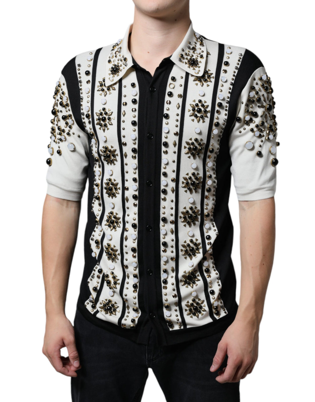 Dolce &amp; Gabbana White Black Silk Studded Stone Crystal Shirt