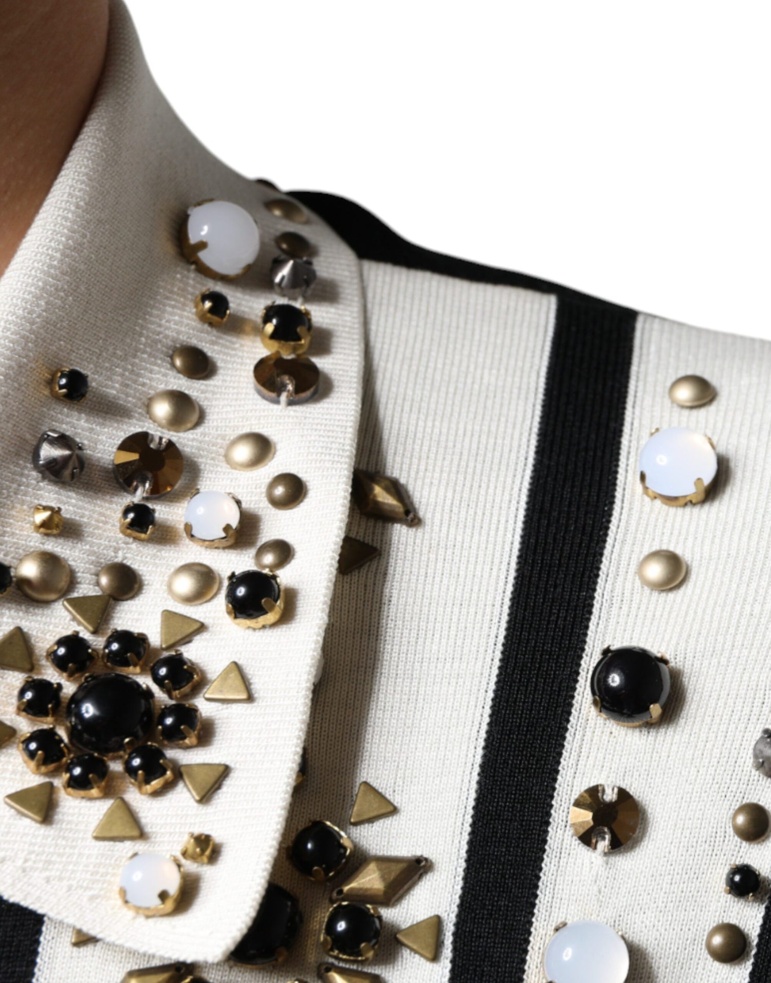 Dolce &amp; Gabbana White Black Silk Studded Stone Crystal Shirt