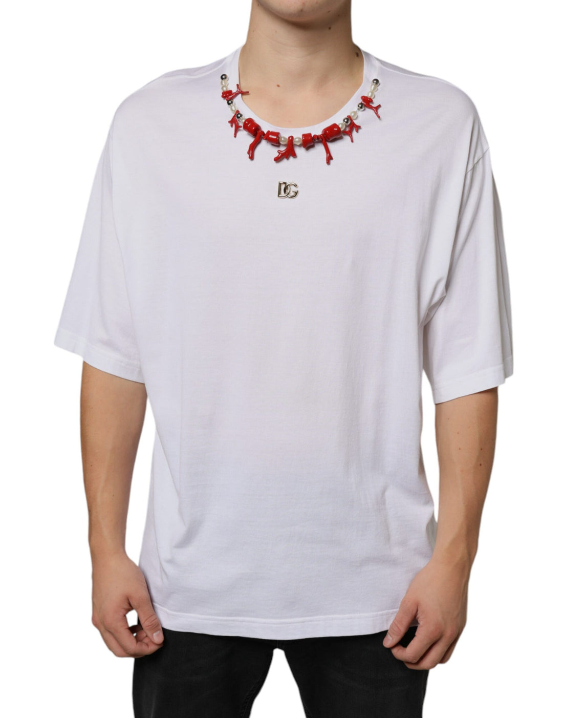 Dolce &amp;amp; Gabbana Vit bomullshalsbands-t-shirt med utsmyckning