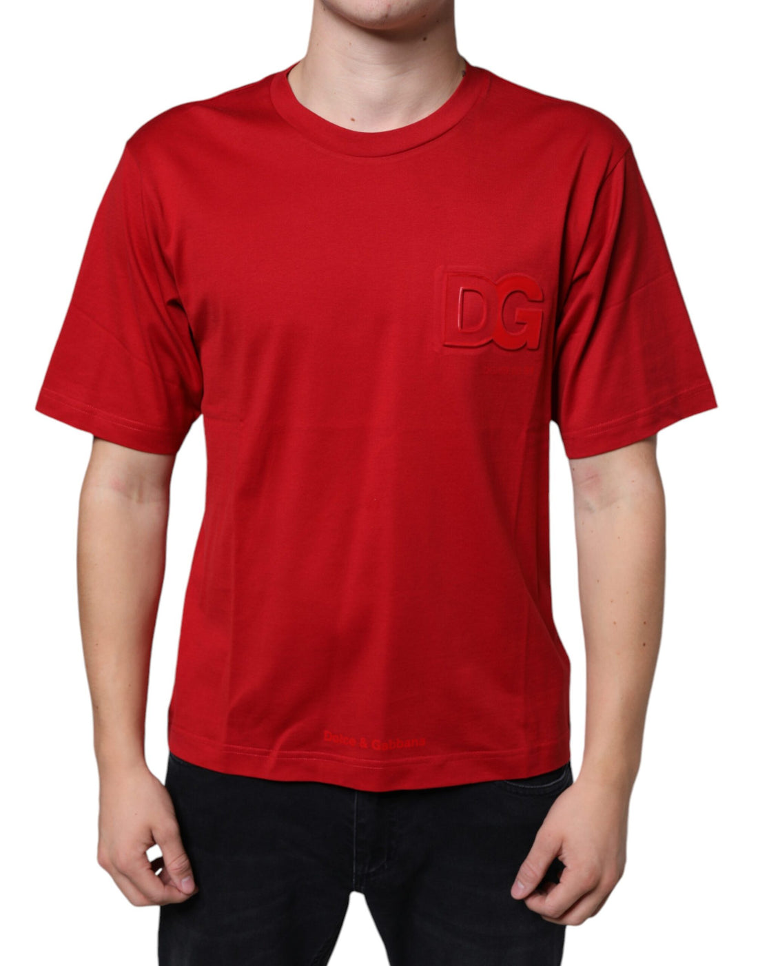 Dolce &amp;amp; Gabbana Röd Bomulls-T-shirt med DG-logotyp och Rund Halsringning