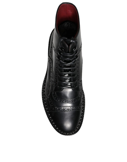 Dolce &amp; Gabbana Black Leather Lace Up Mid Calf Boots Shoes