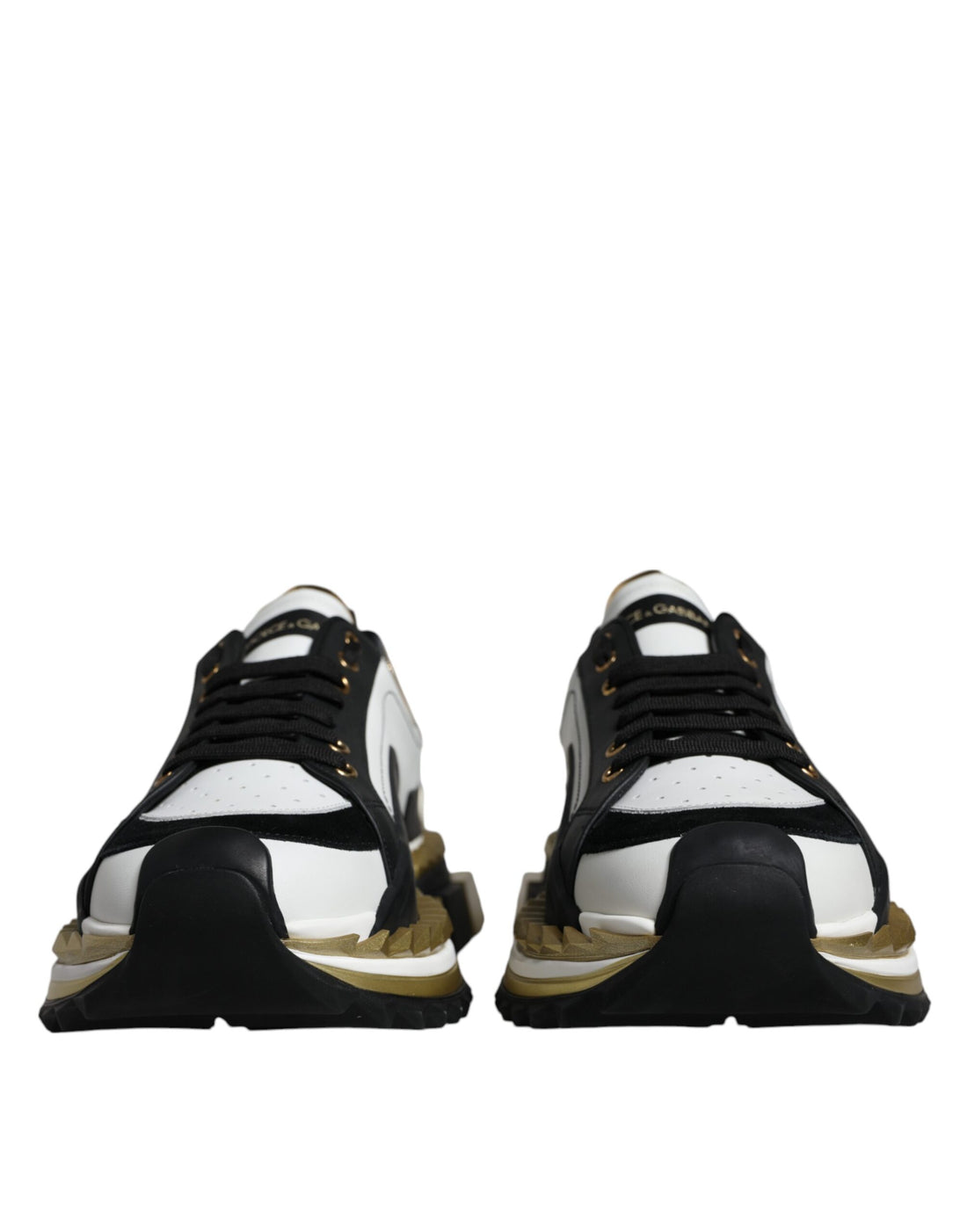 Dolce &amp; Gabbana White Gold Black Leather SUPER KING Sneakers Shoes