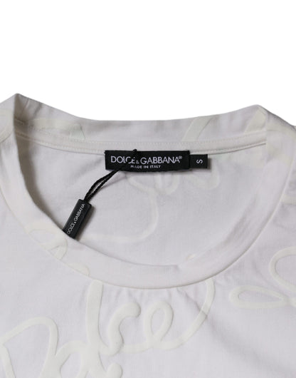 Dolce &amp;amp; Gabbana Vit Logotyptryckt Bomulls-T-shirt med Rund Hals