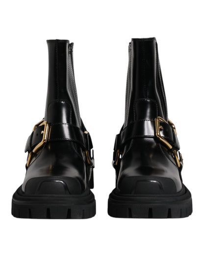 Dolce &amp; Gabbana Black Leather Slip On Stretch Trekking Boots Shoes