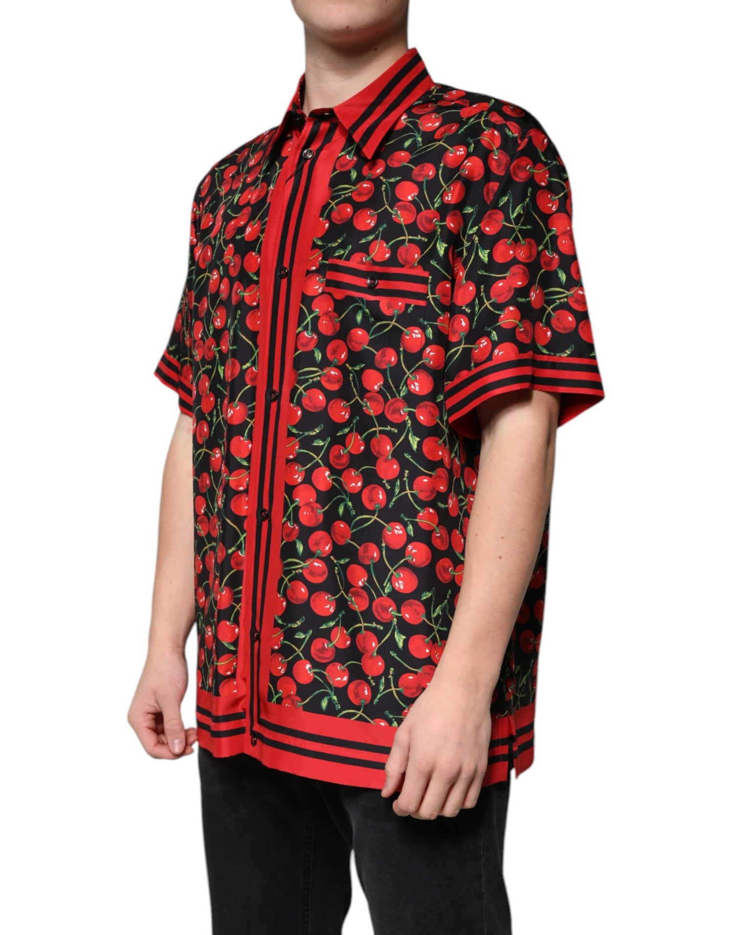 Dolce &amp;amp; Gabbana Svart Körsbärssidenskjorta med Knappar