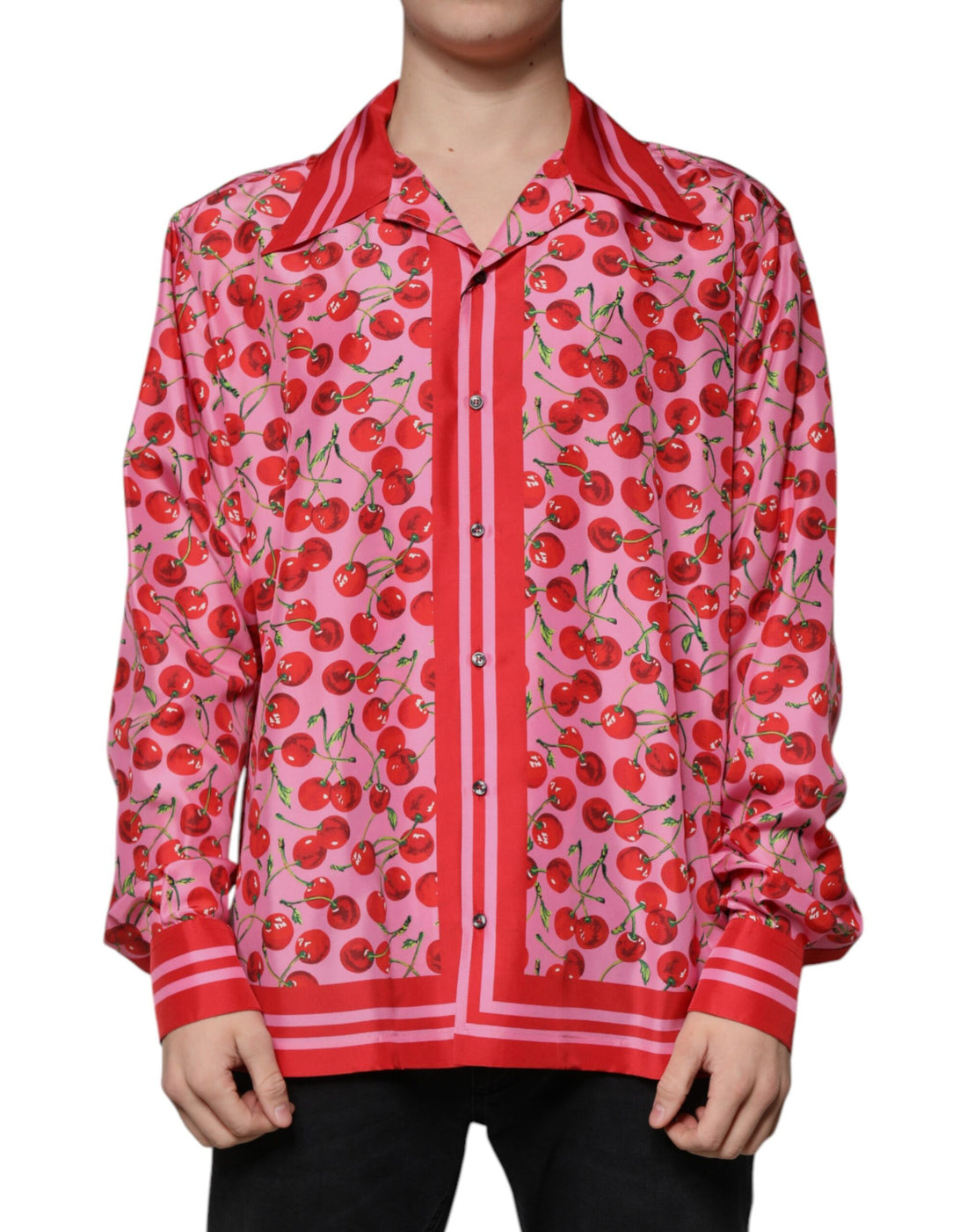 Dolce &amp;amp; Gabbana Rosa Körsbärssidenskjorta med Knappar och Avslappnad Tryck