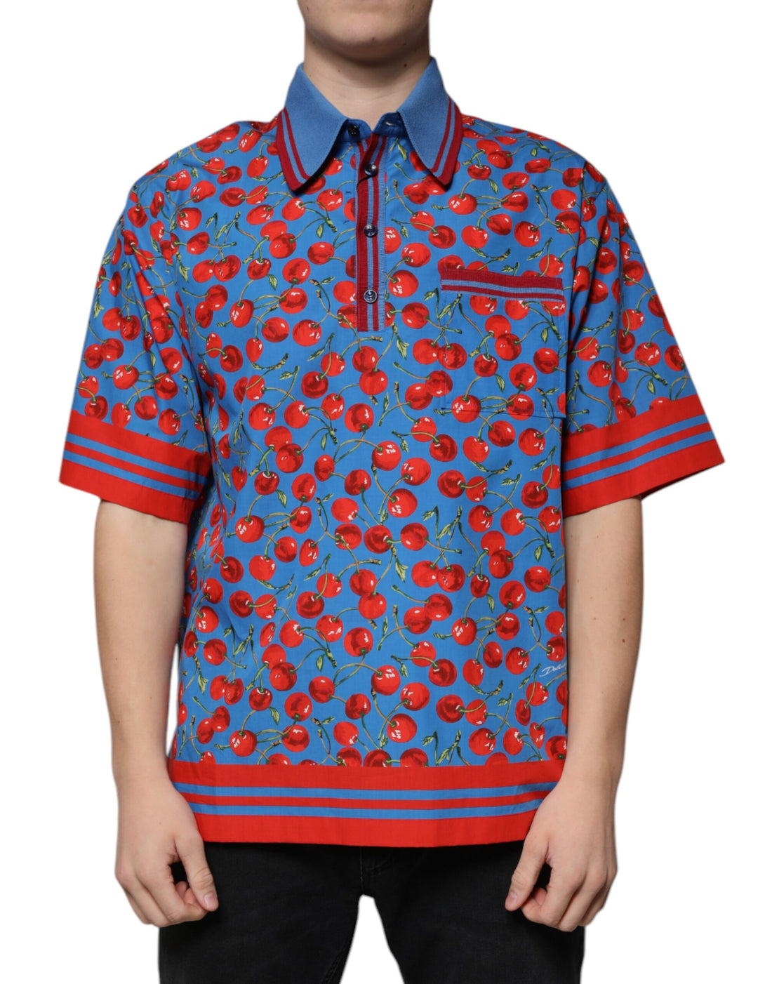 Dolce &amp;amp; Gabbana Blå Körsbärsbomullskrage Herrpolo T-shirt