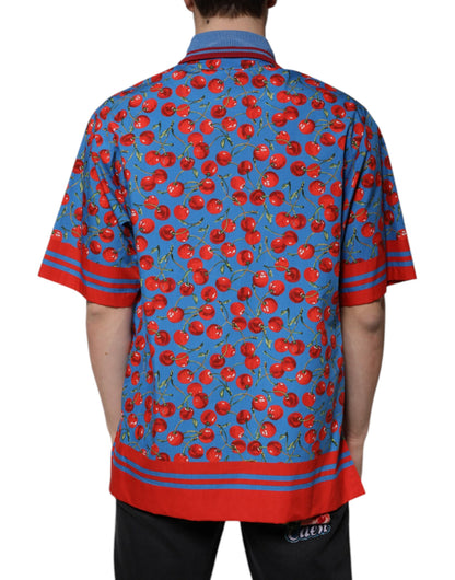 Dolce &amp;amp; Gabbana Blå Körsbärsbomullskrage Herrpolo T-shirt