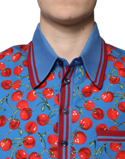 Dolce &amp;amp; Gabbana Blå Körsbärsbomullskrage Herrpolo T-shirt