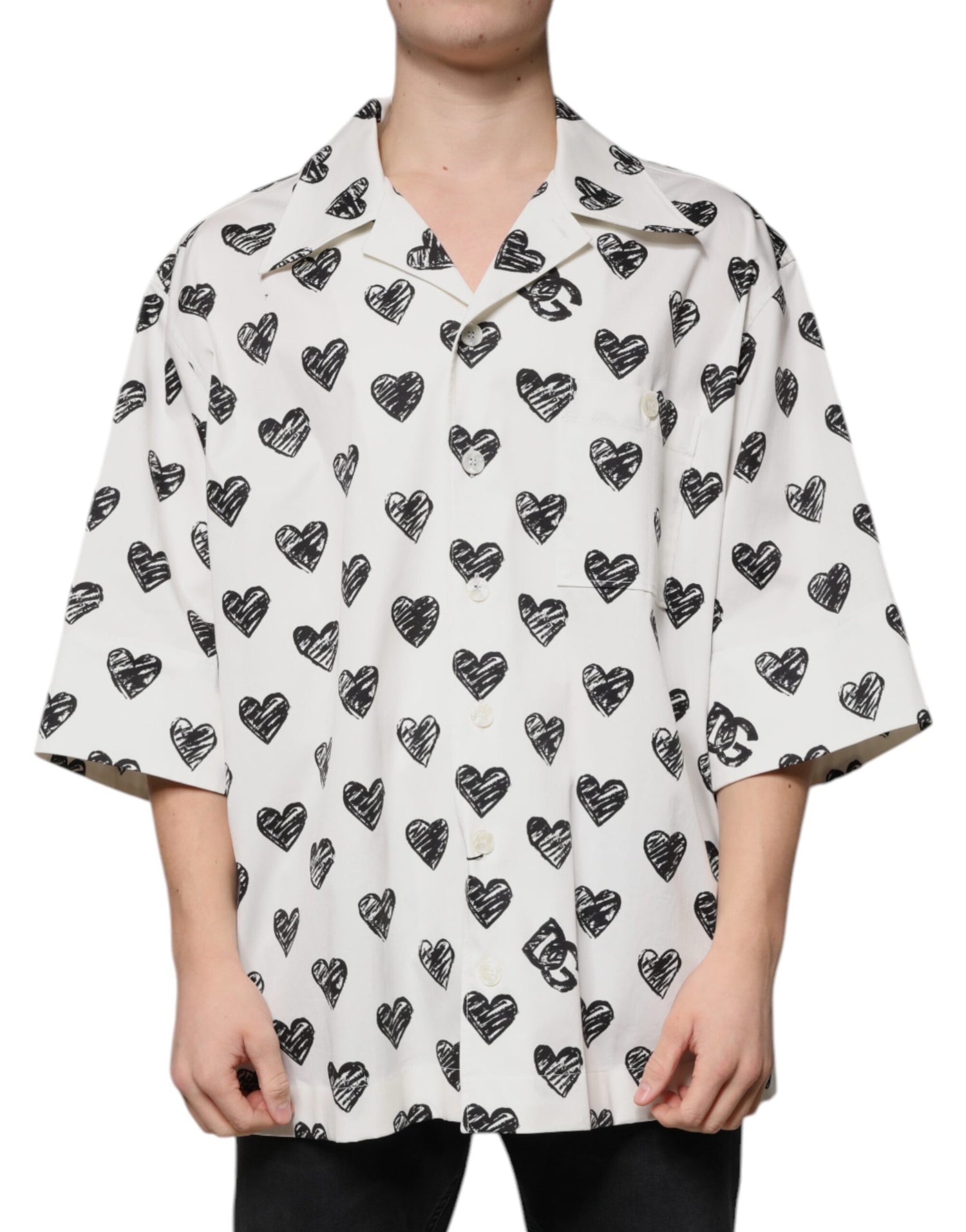 Dolce &amp; Gabbana White Heart Print Short Sleeve Casual Shirt