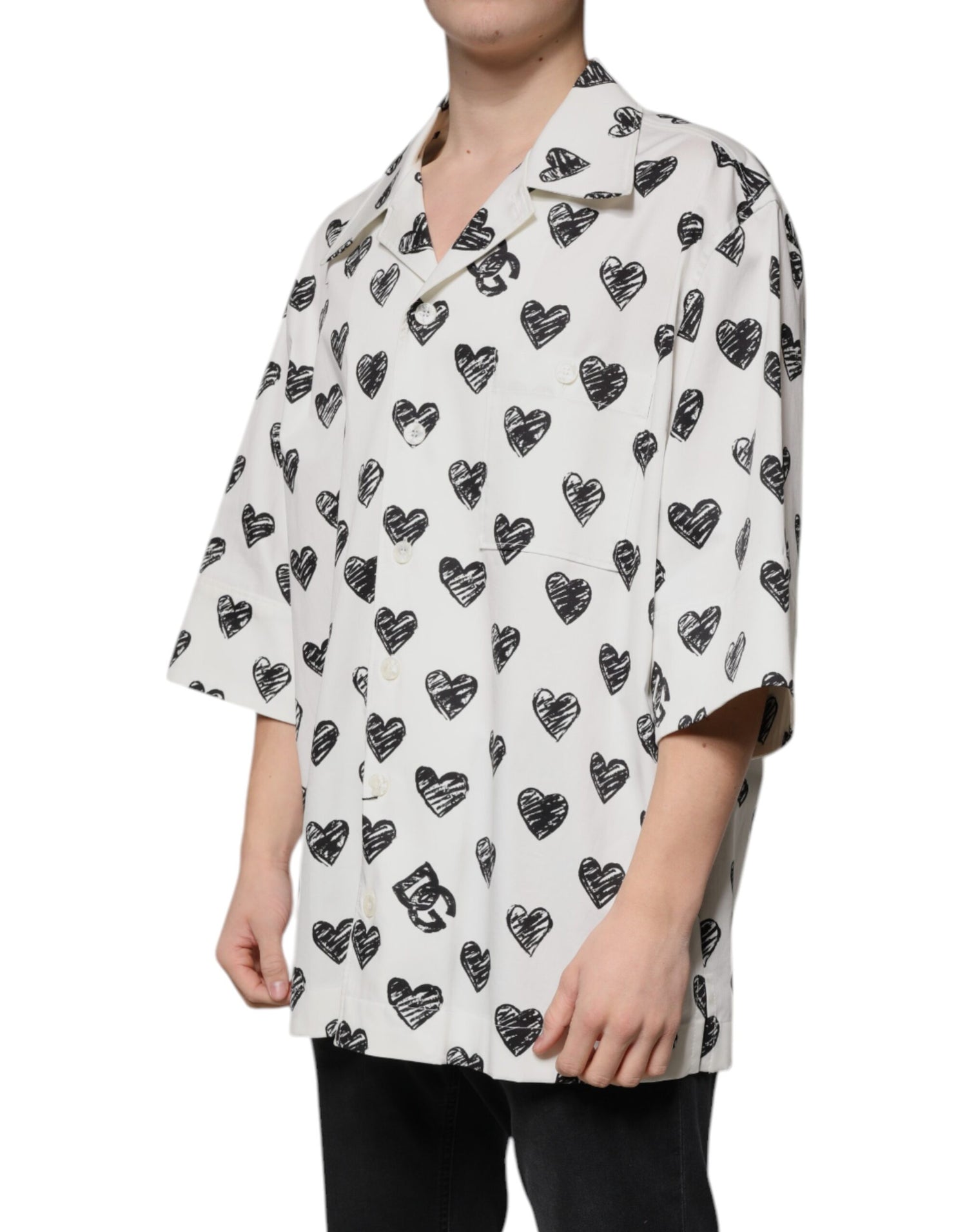 Dolce &amp; Gabbana White Heart Print Short Sleeve Casual Shirt