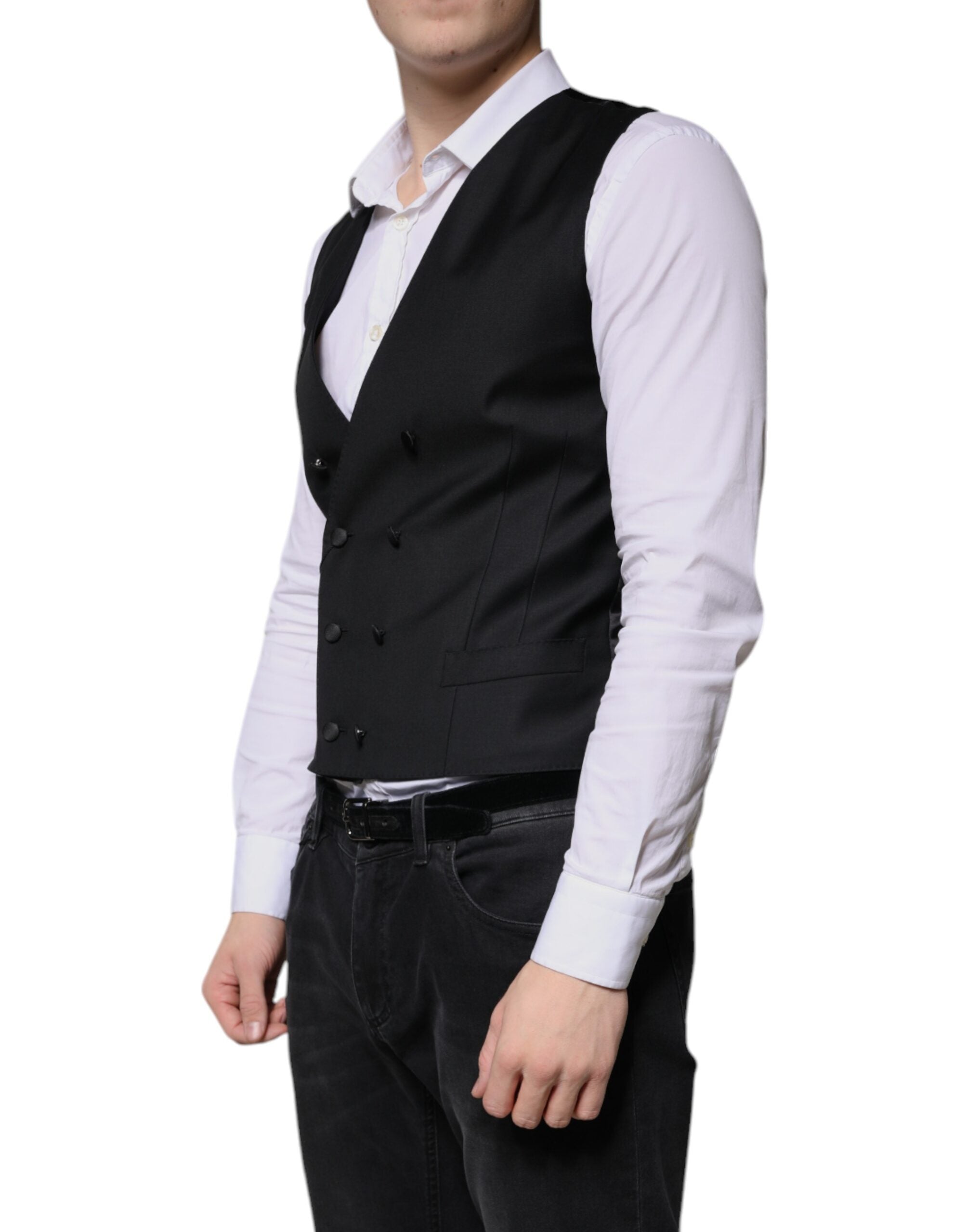 Dolce &amp; Gabbana Black Wool Formal Dress Men Waistcoat Vest