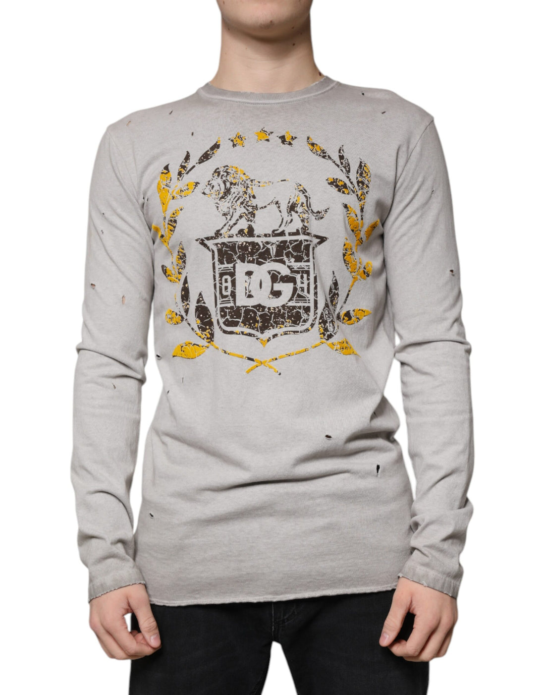 Dolce &amp; Gabbana Gray Printed Cotton Crewneck Pullover Sweater