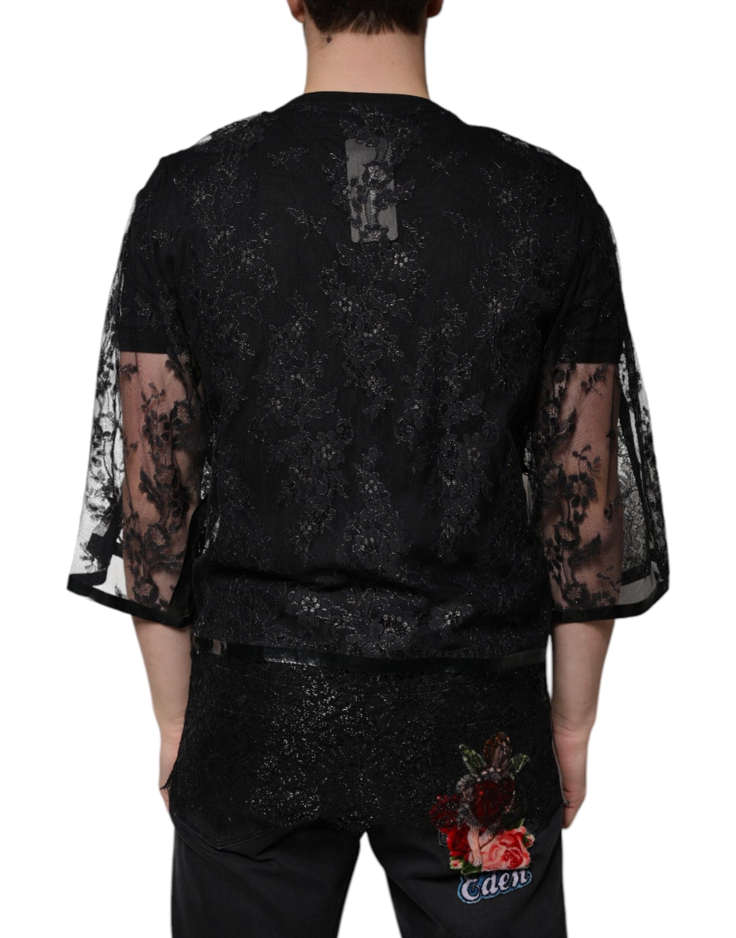 Dolce &amp;amp; Gabbana Svart Nylon Blommig Spets Rundringad T-shirt