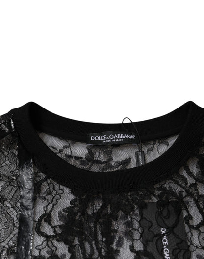 Dolce &amp;amp; Gabbana Svart Nylon Blommig Spets Rundringad T-shirt