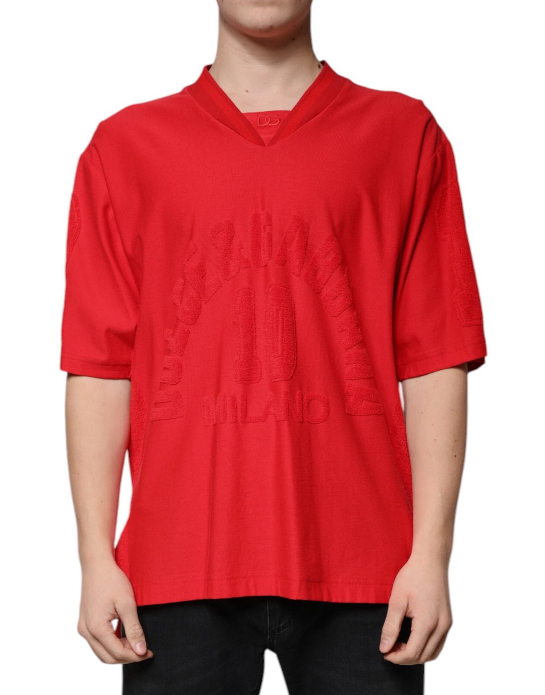 Dolce &amp;amp; Gabbana Röd bomulls-T-shirt med V-ringning och korta ärmar